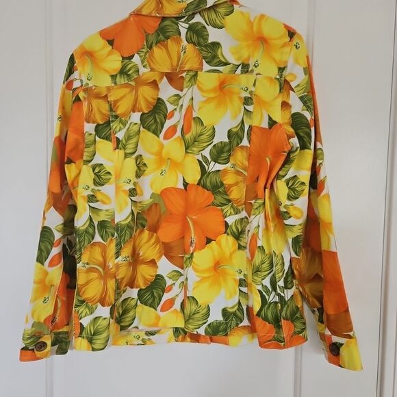 Coldwater Creek Cotton Jacket Bright Floral Hibiscus Fun Pockets Size MED. - Picture 6 of 10
